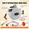 VEVOR Retractable Hose Reel Water Hose Reel 100'x1/2" 180° Swivel Wall-Mounted,Garden Water Hose Reel with 9-Pattern Nozzle,Automatic Rewind, Lock at