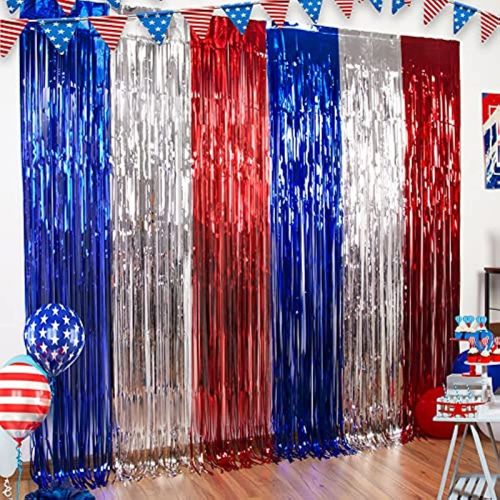 LOLStar 4th of July Decorations; Red White and Blue 3 Pack Tinsel Foil Fringe Curtains; Photo Booth Prop Streamer Backdrop for America Patriotic Party