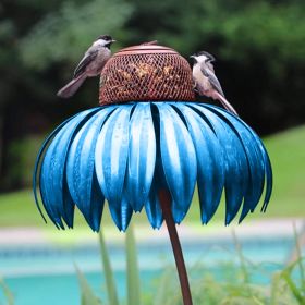 Bird Feeder Bottle with Stand Metal Flower Shaped Outdoor Garden Decoration Pink Coneflower Bird Feeder Container Accessories (Option: ColorBlue)