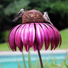 Bird Feeder Bottle with Stand Metal Flower Shaped Outdoor Garden Decoration Pink Coneflower Bird Feeder Container Accessories (Option: ColorRed)