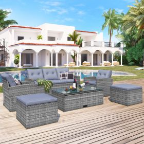 6-piece All-Weather Wicker PE rattan Patio Outdoor Dining Conversation Sectional Set with coffee table, wicker sofas, ottomans, removable cushions (Option: ColorGray)