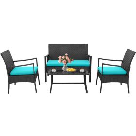 4 Pieces Rattan Conversation Set with Tempered Glass Coffee Table (Option: ColorTurquoise)