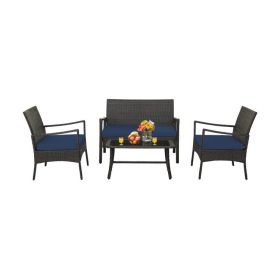 4 Pieces Rattan Conversation Set with Tempered Glass Coffee Table (Option: ColorNavy)