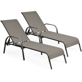 2 Pieces Outdoor Patio Lounge Chair Chaise Fabric with Adjustable Reclining Armrest (Option: Colorbrown)