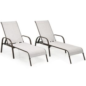 2 Pieces Outdoor Patio Lounge Chair Chaise Fabric with Adjustable Reclining Armrest (Option: ColorGray)
