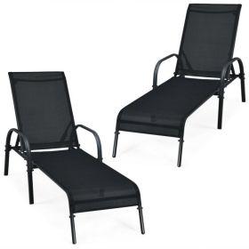 2 Pieces Outdoor Patio Lounge Chair Chaise Fabric with Adjustable Reclining Armrest (Option: ColorBlack)